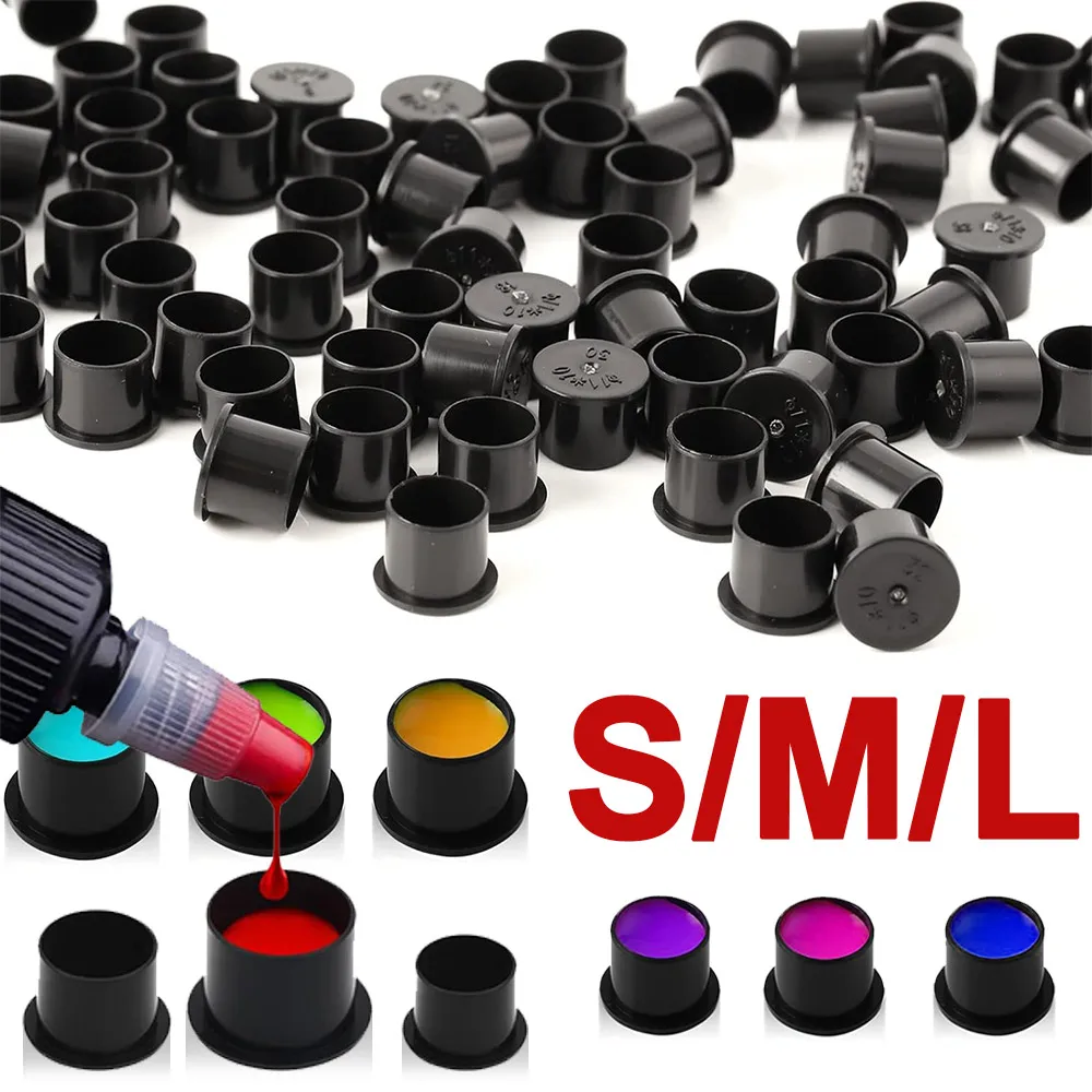 500/300/100PCS Disposable Black Tattoo Ink Cups With Base Permanent Makeup Tools Pigment Holder Container Caps Accessories