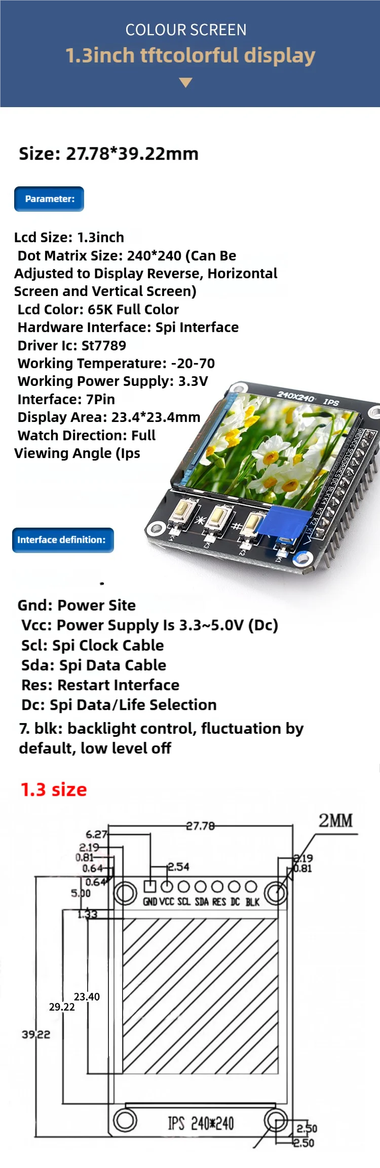 Snvi TFT IPS LCD Display Modul 0,96/1,3/1,44/1,8 Zoll 7P SPI-Schnittstelle ST7735 ST7789 Treiber Farbbildschirm für Arduino ESP32 – Detail 4
