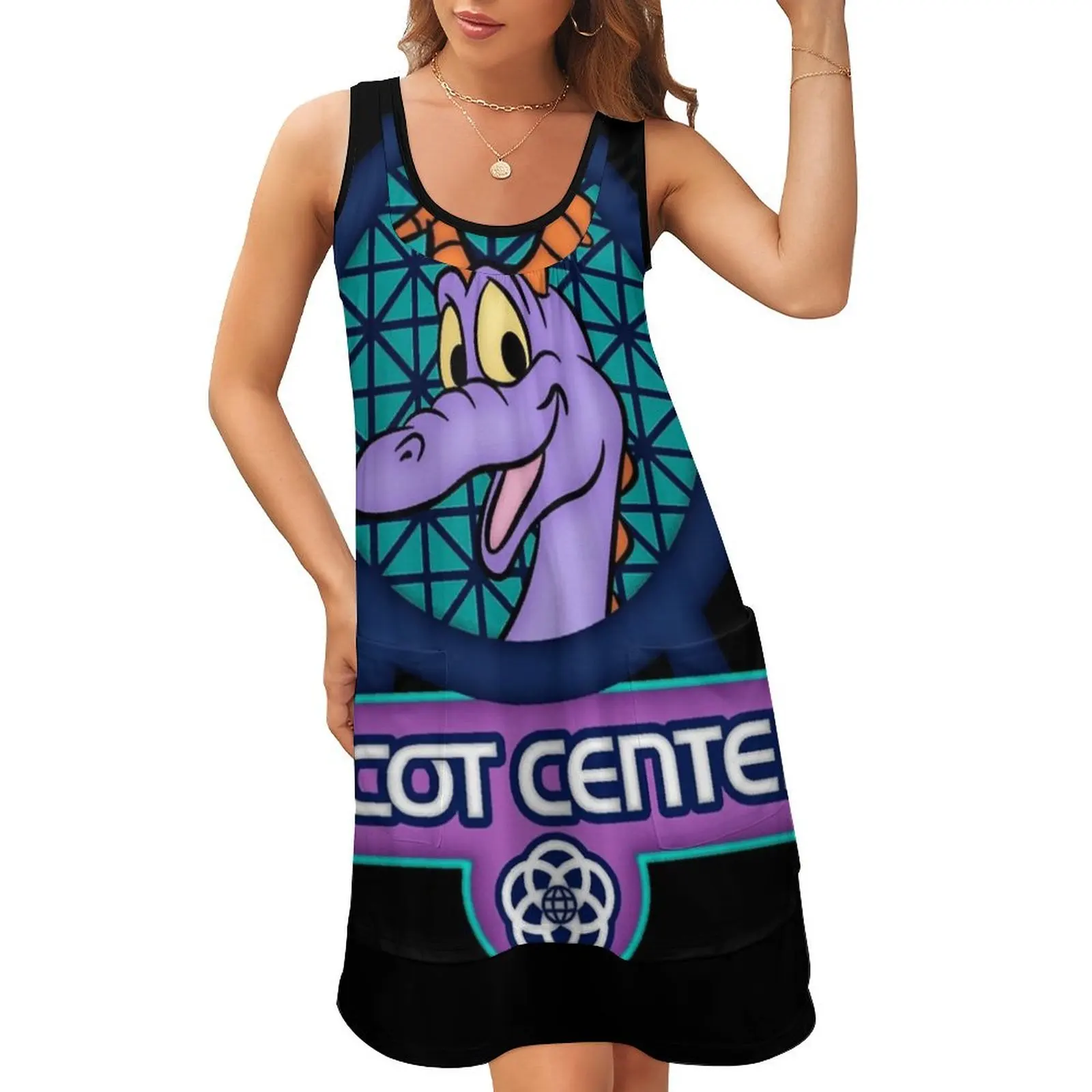 

EPCOT CENTER Figment Badge Essential Sleeveless U-Neck Fake Two Piece Dress women clothes clothing women summer 2024