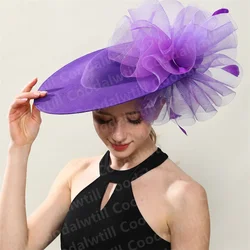 Purple Royal Ascot Big Fascinator Hat Women Wedding Veils Headpiece Ladies Keentucky Derby Chapeau Cap With Feather Millinery