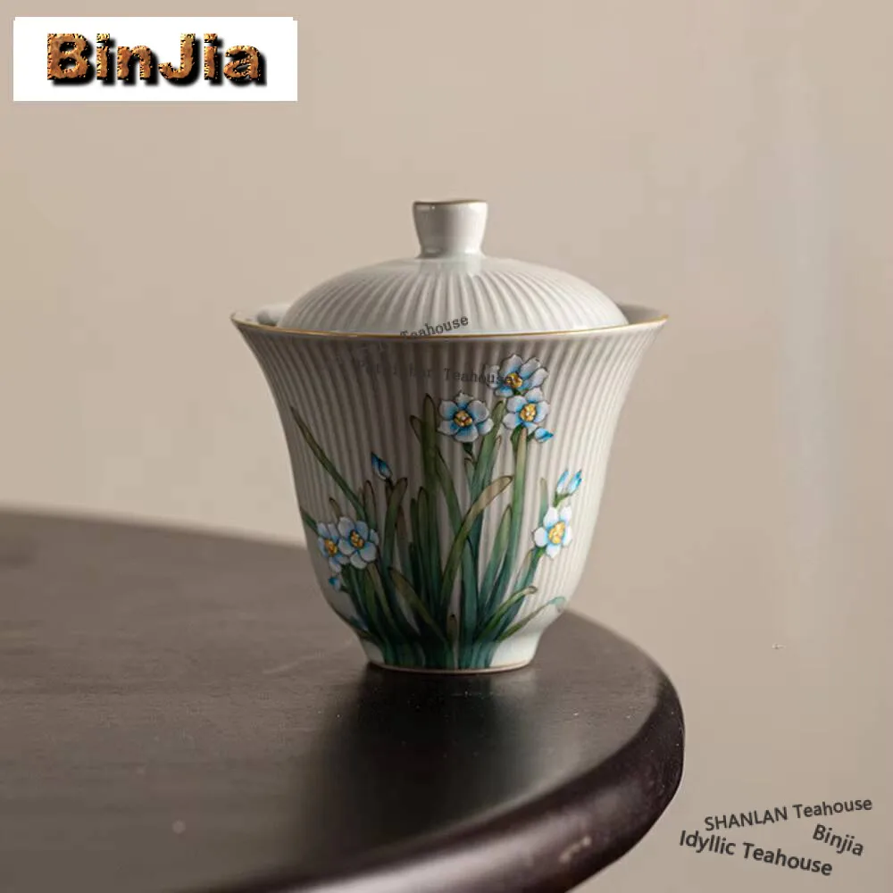 

120ml Hand Drawn Narcissus Cover Bowl Household Gold Painted Tureen Aesthetic Anti Scald Tea Tureen Tea Ceremony Craft Gifts