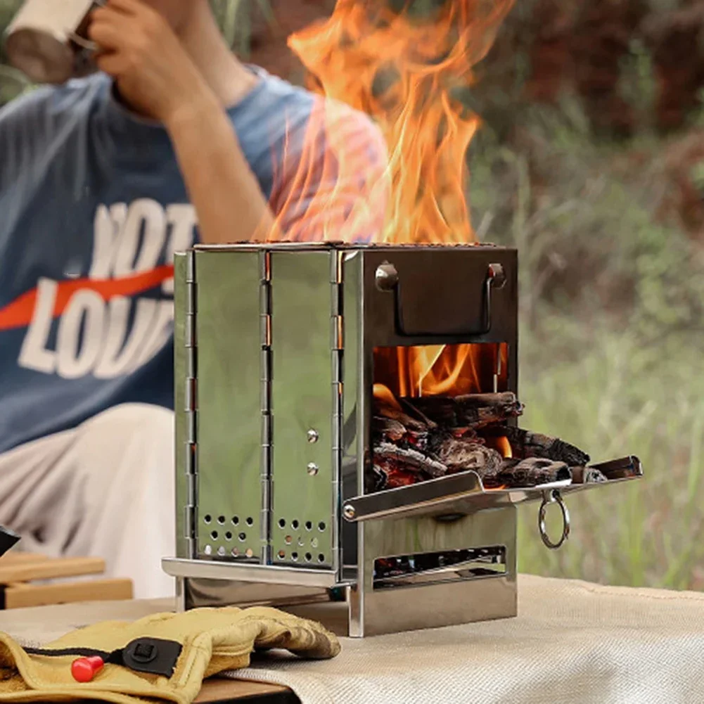 

Mini Outdoor Firewood Stove Camping Picnic BBQ Travel Folding Stainless Steel Wood Stove Charcoal Cooking Portable