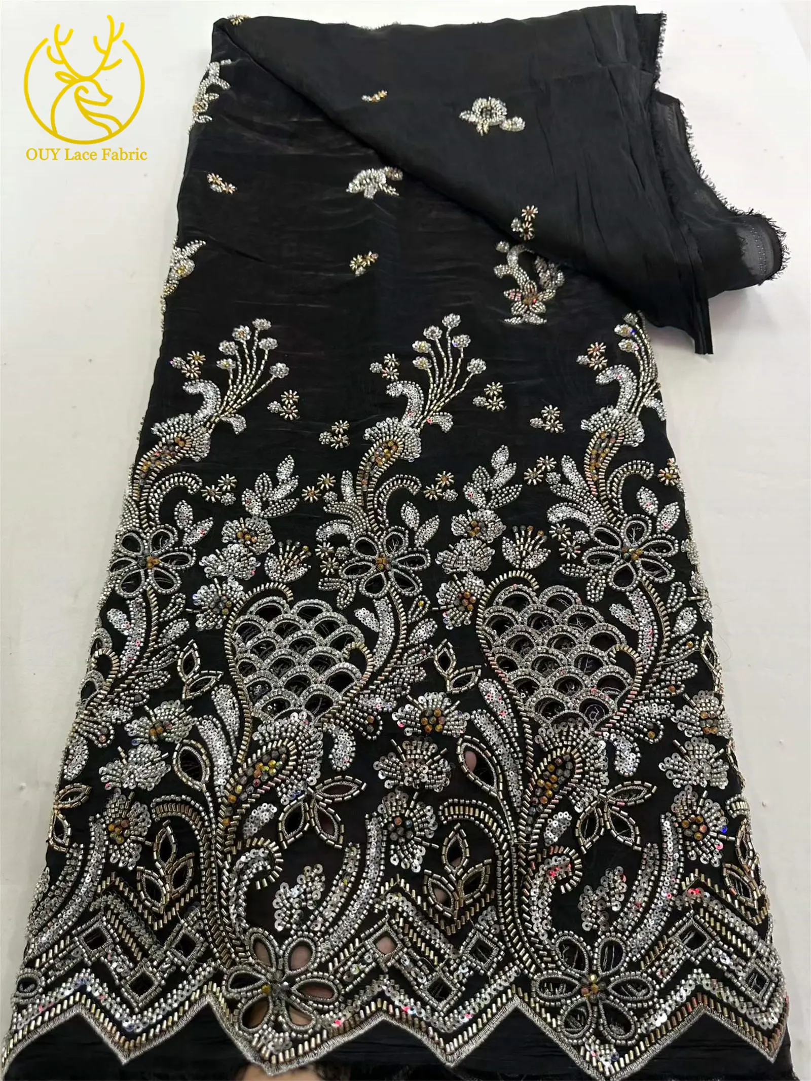 Neueste Afrikanische Schwer Verzierte Spitzenstoffe 5 Yards Nigerianische Schweizer Perlen-Pailletten-Spitze für Bräutigam-Kleider und Damenkleider zum Nähen – Detail 7
