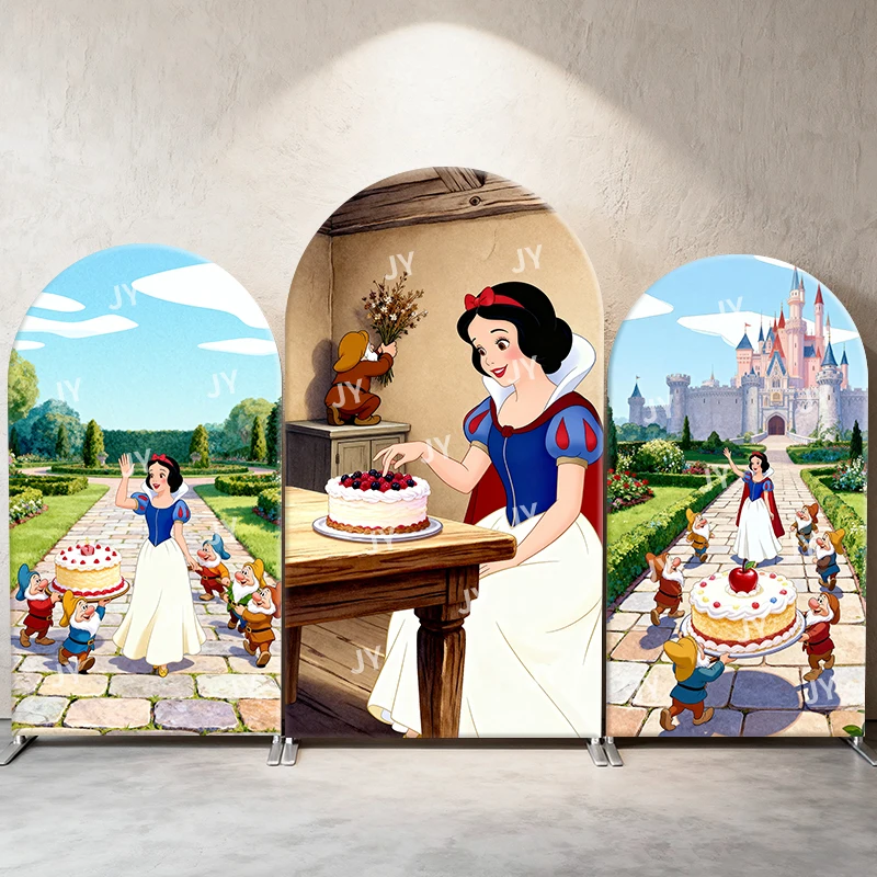 

Snow White And Dwarfs Cake Arch Backdrop Cover Castle Garden Scene Princess Theme Kids Birthday Party Photo Booth Background