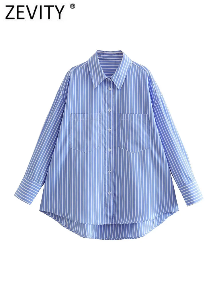 Zevity Women Fashion White Blue Striped Print Loose Shirt Office Lady Double Pocket Patch Smock Blouse Roupas Chic Tops LS3468