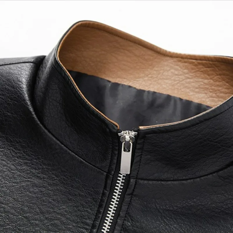 UNITIM Leather Jacket Men Autumn American Retro Contrast Color Man Coat Punk Windproof Stand Collar Long Sleeve Male Outerwear