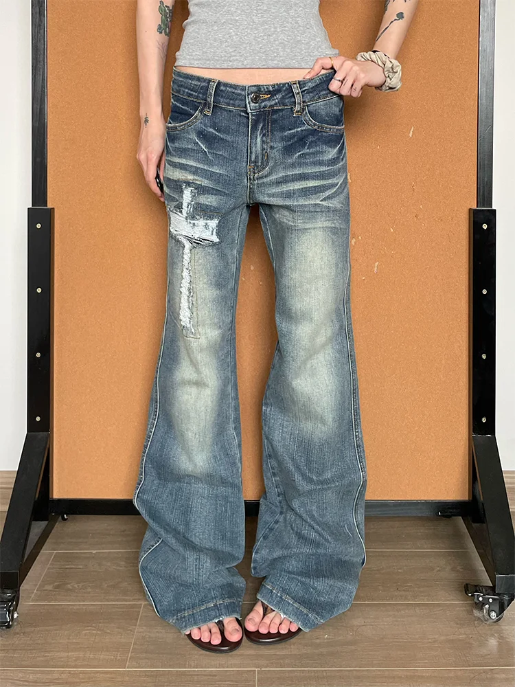 

plus Size American Hot Girl Design Crosshole Denim Jeans Women Fashionable Vintage Slimming Micro Flared Pants