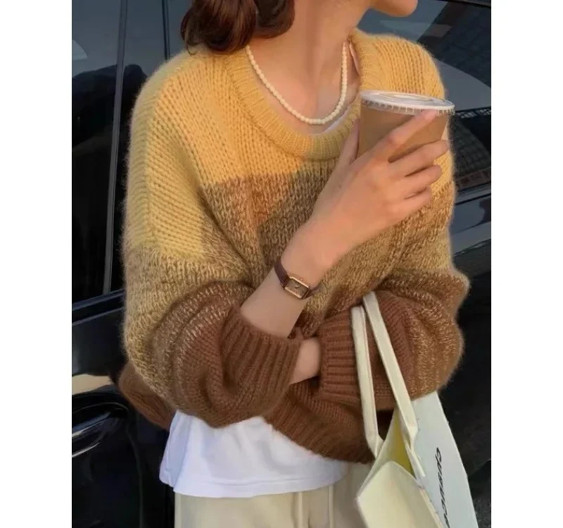 

Мягкий уютный женский вязаный свитер в корейском стиле, свободный круглый вырез, цветные блоки, модное осенне-зимнее новое поступление