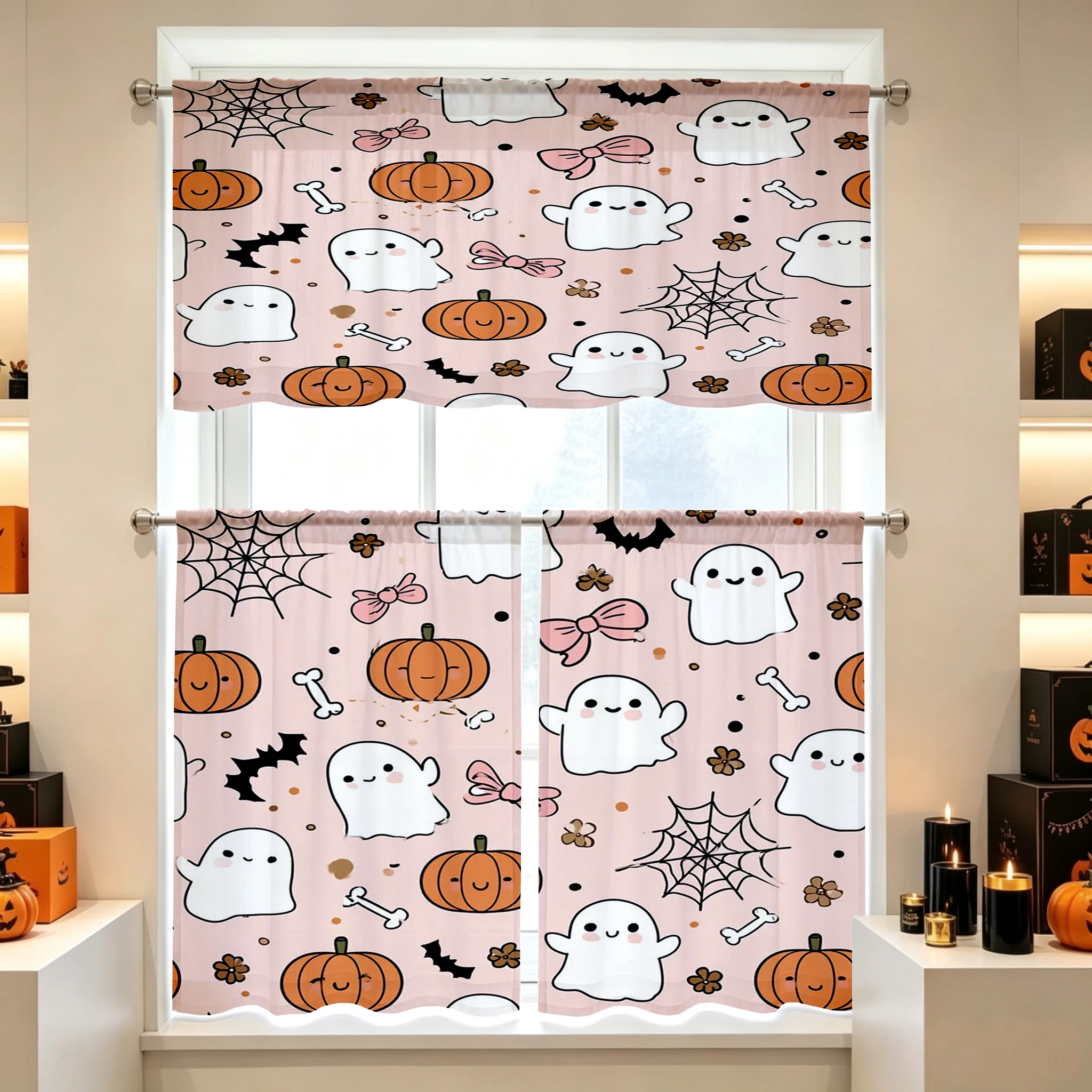 Halloween Fall Kitchen Curtains, Cute Ghost Pumpkin Bow, Digital Print, Kitchen Dining Room, Rod Pocket Polyester, Home Decor