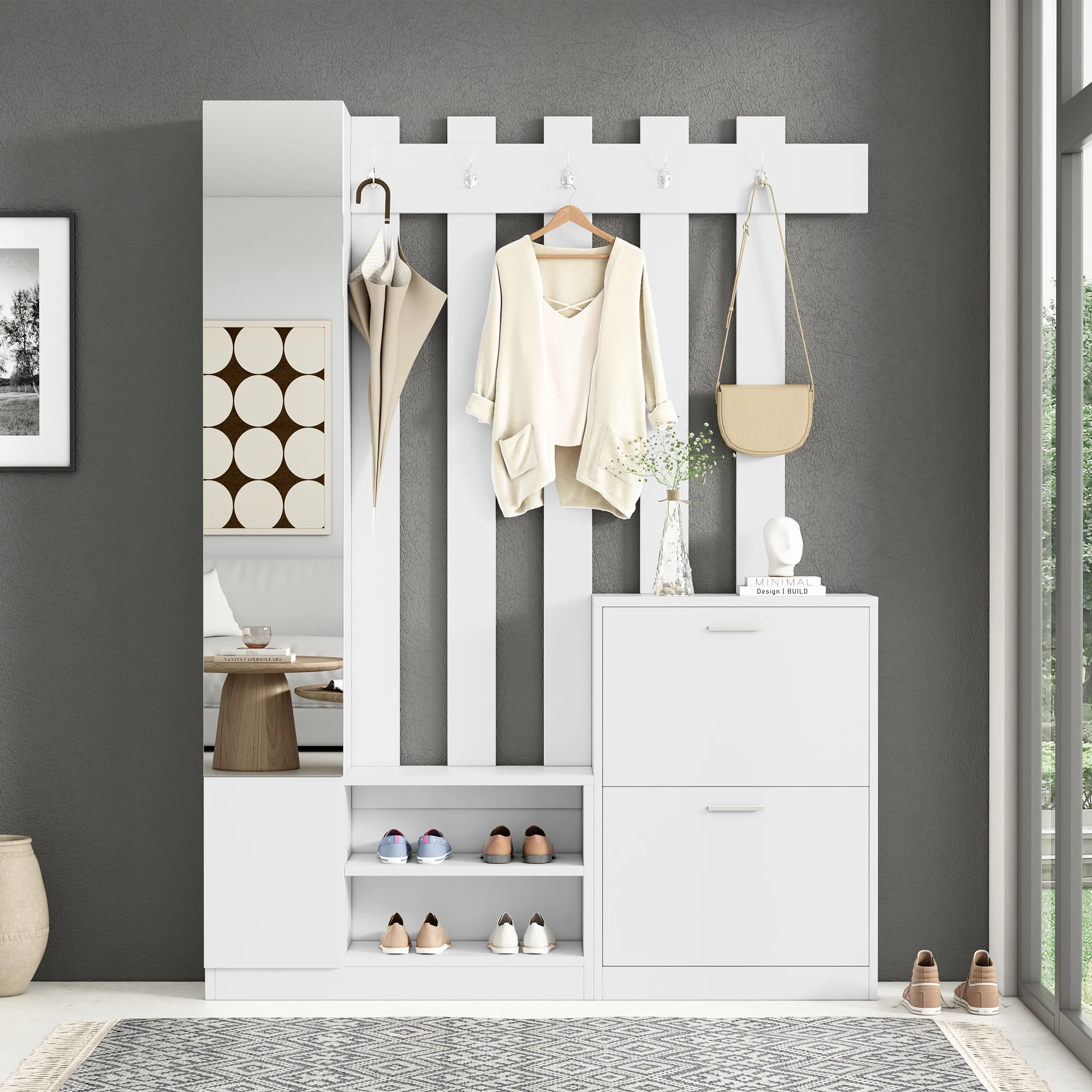 KOMHTOM Set armadio bianco con specchio-con 2 ante pieghevoli-scarpe + 2 armadi portaoggetti, ripiano armadio sospeso