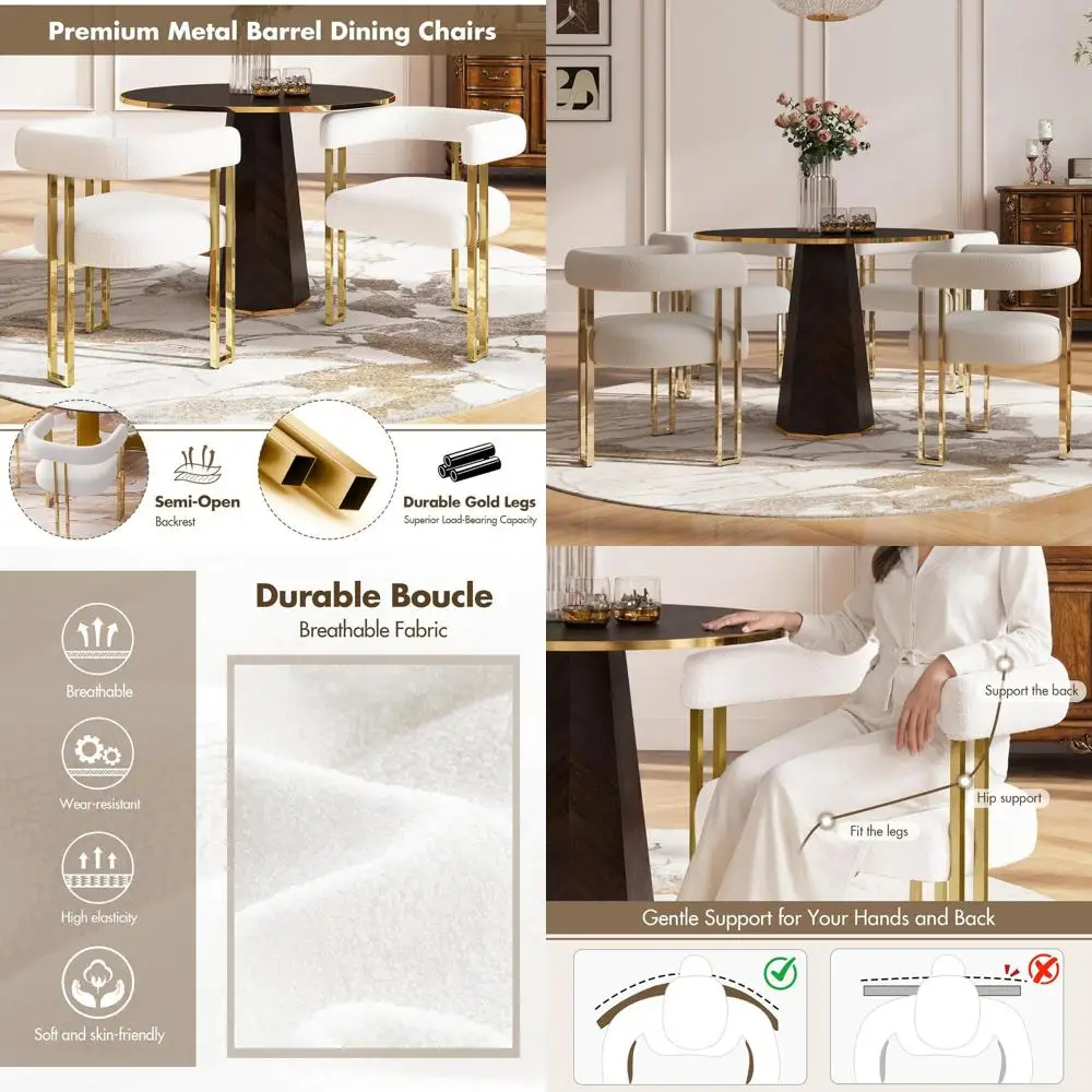 

4 Elegant White Boucle Dining Chairs with Gold Legs, Suitable for Kitchen, Dining, Living Rooms