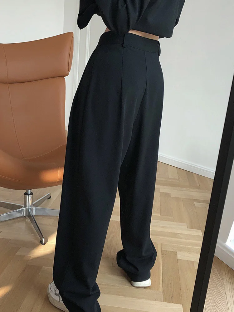 [EAM] High Waist Black Pleated Casual Wide Leg Pants New Loose Fit Trousers Women Fashion Tide Spring Autumn 2024 1DF4432