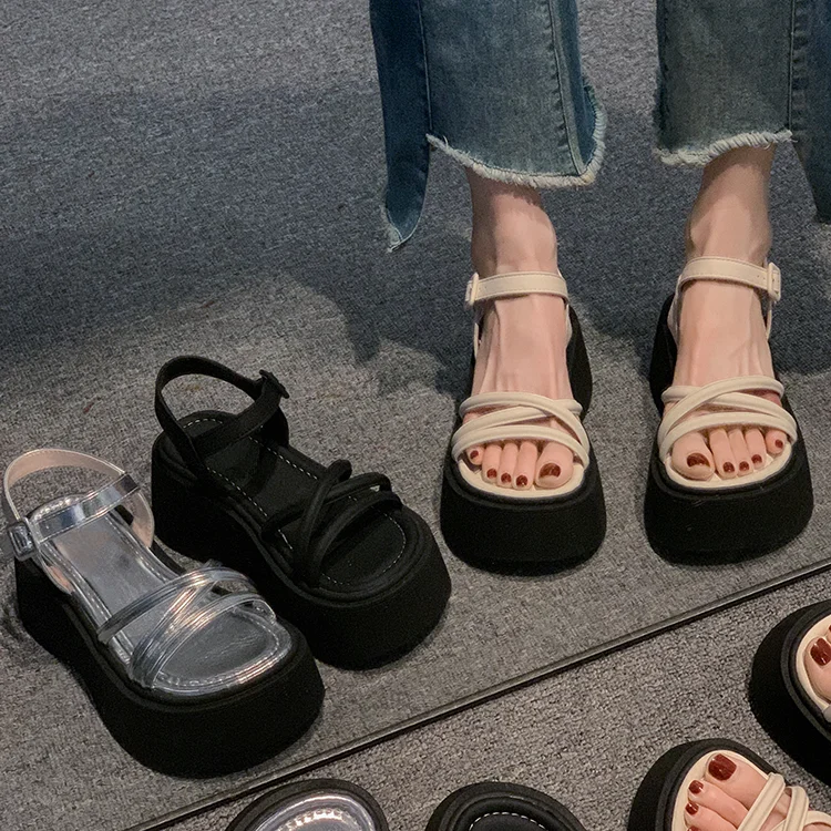 

Новые женские летние повседневные сандалии на платформе с открытым носком, на массивной плоской подошве, черные, на каблуке, сандалии на каблуке для женщин