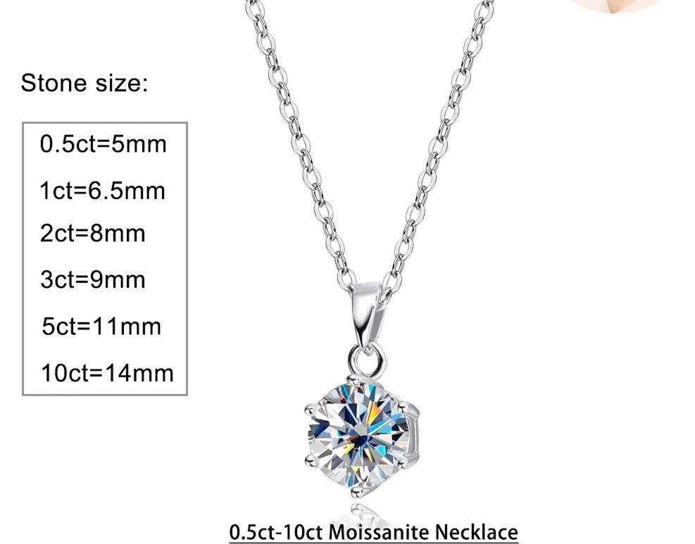 

0.5ct 1ct 2ct 3ct 5ct 10ct Real Moissanite Pendant Necklace For Women S925 Silver D Color VVS Moissanite Neck Chain Fine Jewlery