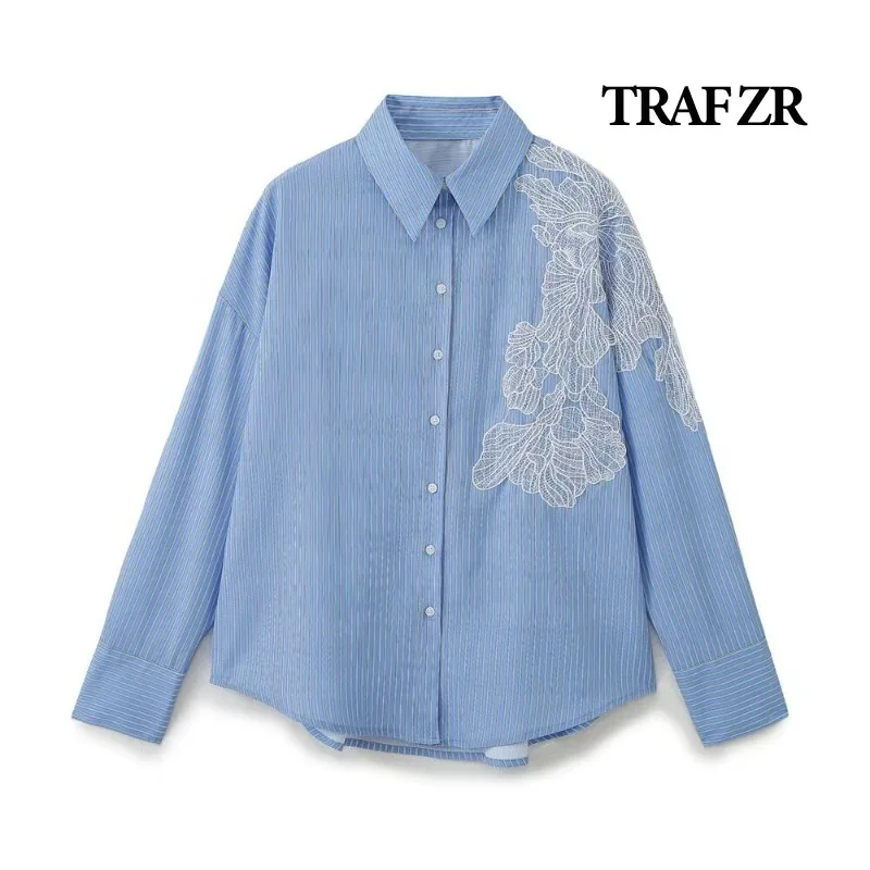 TRAF ZR Shirts for Women 2024 Woman Tops Embroidered Luxury Top Vintage Chic Women\'s Long Sleeve Female Shirt Elegant Blouse