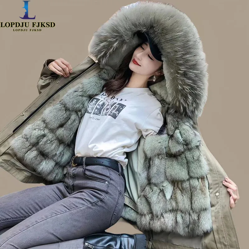 

Thickened Fox Fur Hooded Coat for Women, Loose Lace-up Overcomes, Short and Detachable Parka, Winter Streetwear, New, 2023