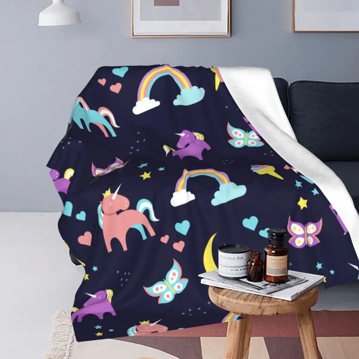 Cartoon Rainbow Unicorn Blankets Velvet Autumn/Winter Multifunction Lightweight Thin Throw Blanket for Home Outdoor Bedspread