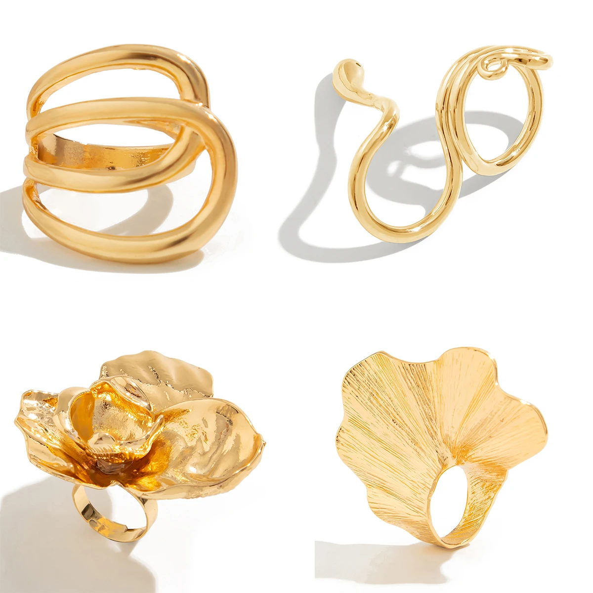 Ingemark 6 Styles Unique Large Petal Flower Twisted Wave Rings for Women Vintage Geometric Adjustable Ring Jewelry Steampunk Men