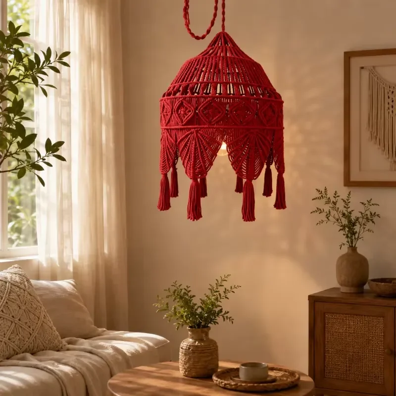 Boho Style Macrame Hanging Lamp Shade Boho Tassel Pendant Cover Woven for Living Room Home Decor