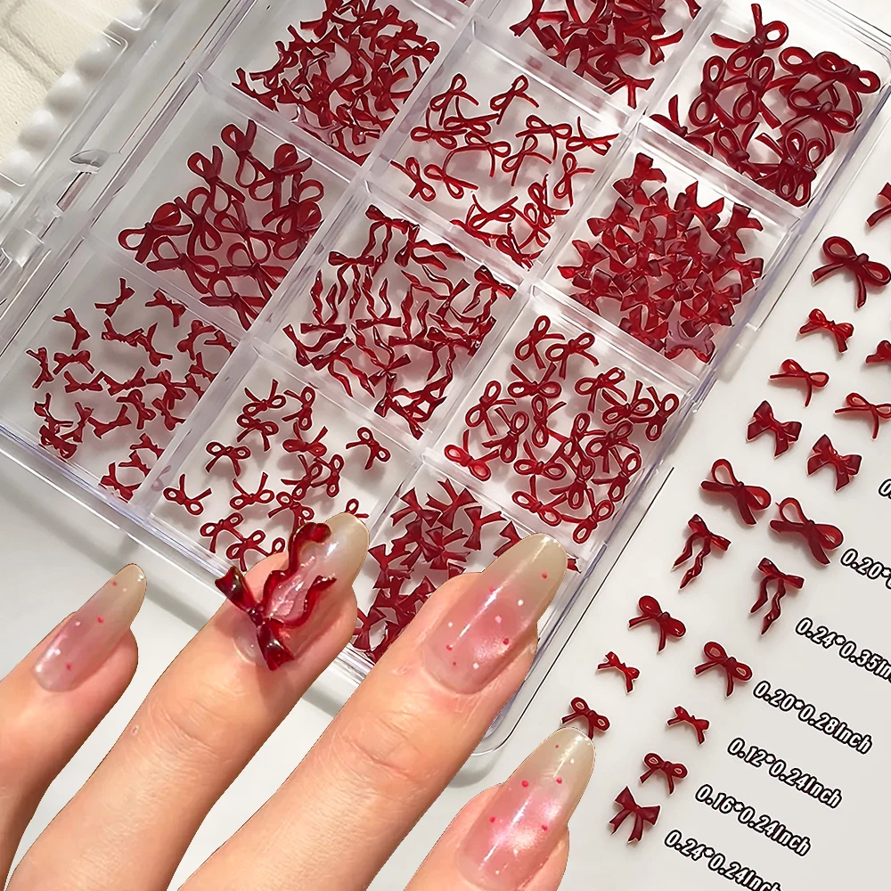 

1box 12Grids Red Wave Bowknot Nail Art Charms Translucent Amber Brown Khaki Bow Nail Decoration Multiple Styles Resin Nail Parts