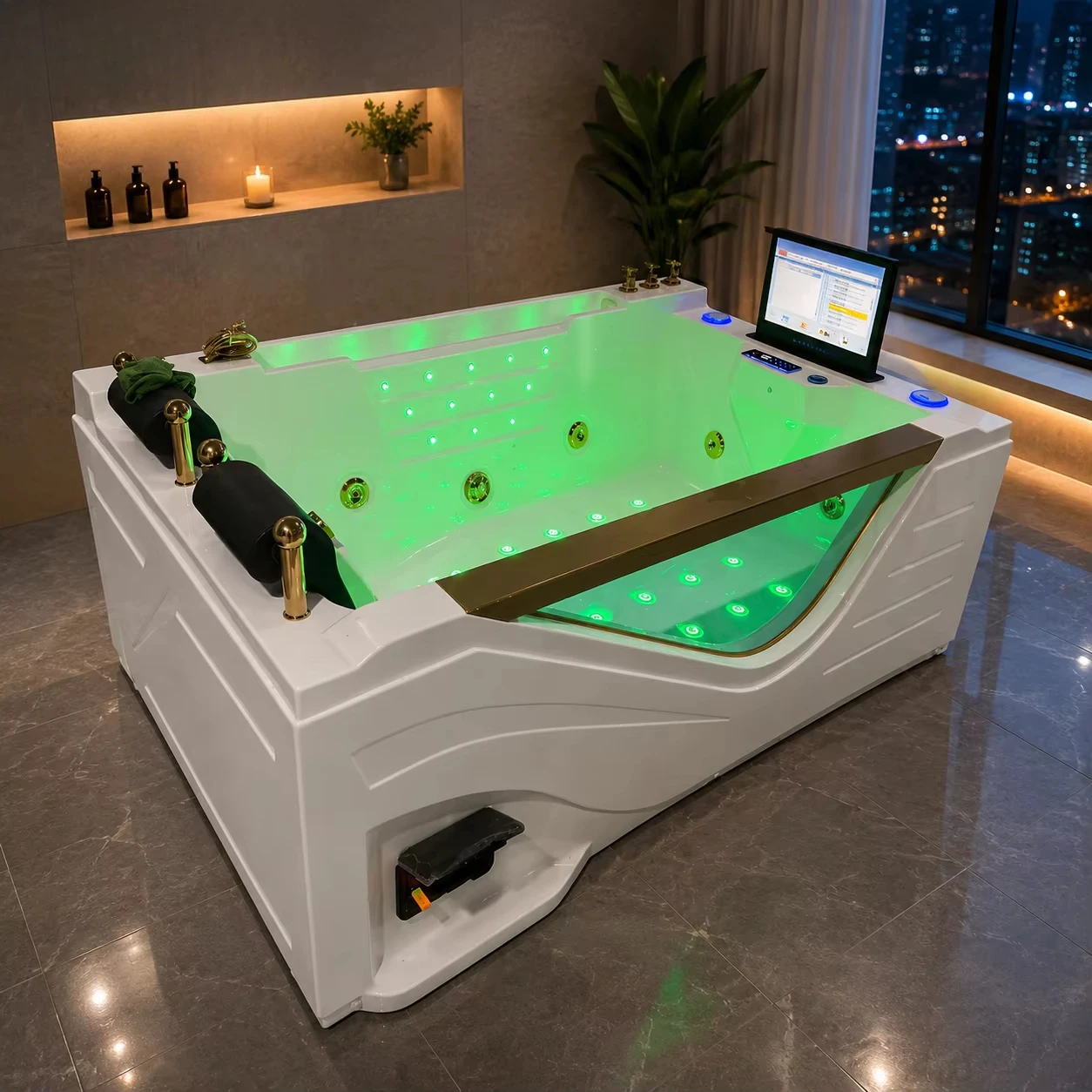 2 Persons Best Massage System Acrylic Hot Tub Indoor Spa Jacuzzier Rectangle Deluxe Waterfall Bathtub