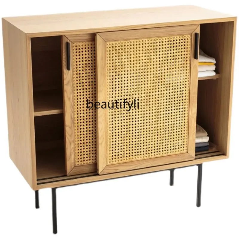 

Nordic Solid Wood Sideboard Rattan Modern Simple Home Living Room Locker Bedside Table Storage Wardrobe