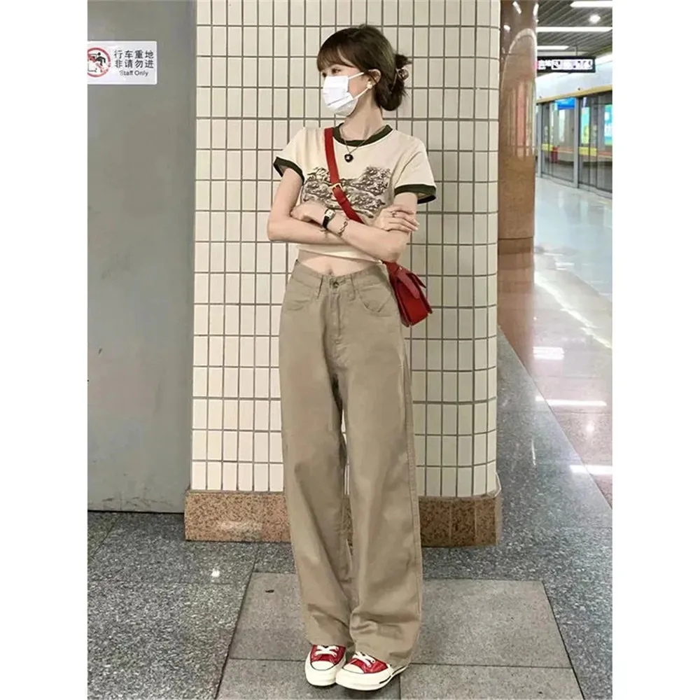 

Brown Vintage Baggy Jeans Women Streetwear Pockets Wide Leg Cargo Pants Korean Fashion High Waist Loose Straight Denim Trousers