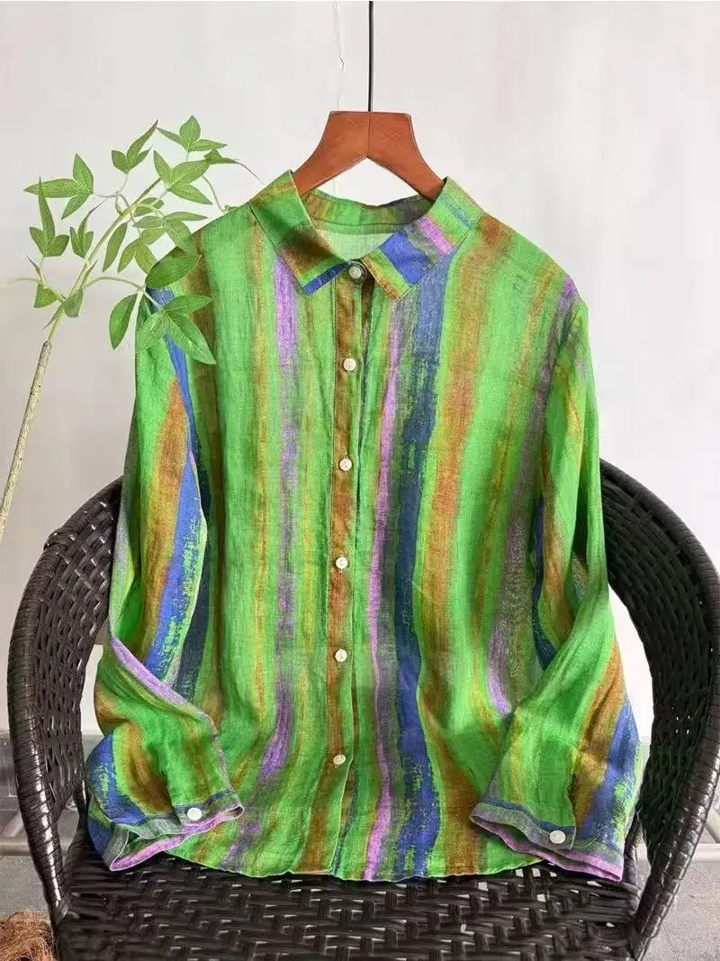

Summer women's clothing 100% ramie shirts for women vintage green striped blouses long sleeve tops vintage clothing