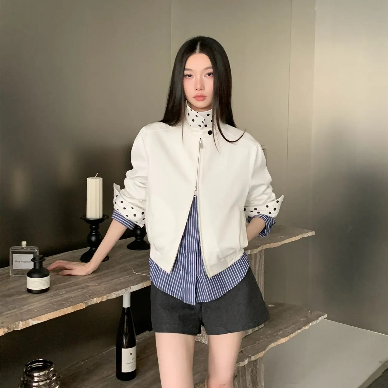 

Curri Retro Polka Dot Color Blo Slim Fit Jaet Women's Faion Outerwear High Waist Zipper Closure ort Sve Polyester