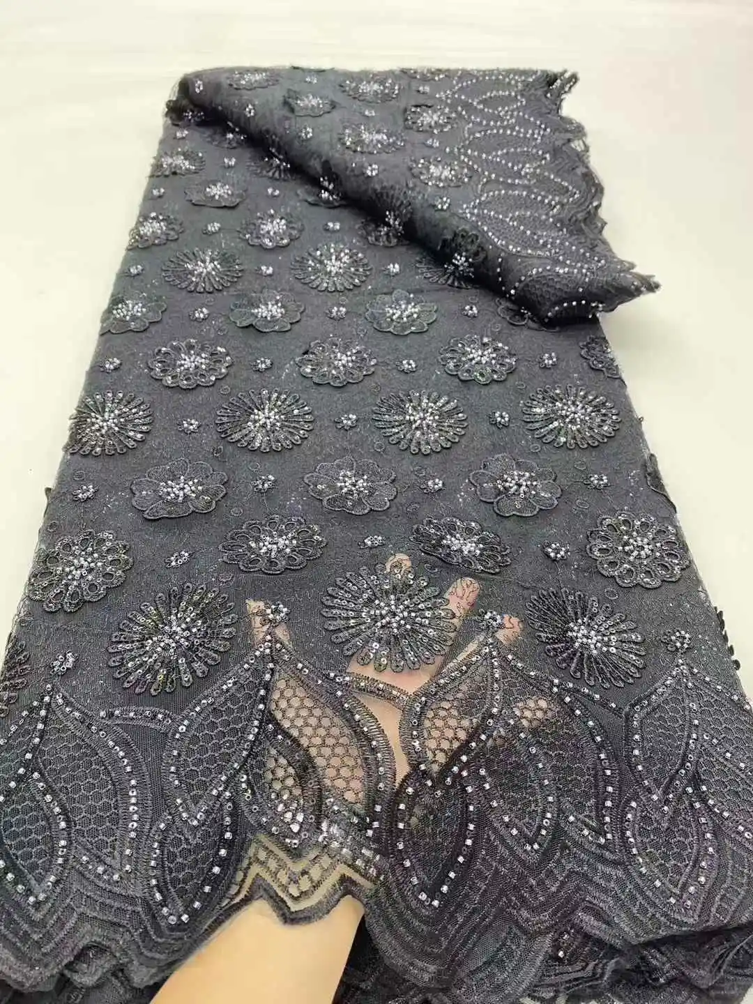 3D Flowers In Blue French Lace Fabric 2025 High Quality Lace Net African Lace Fabric With Sequins Beaded Lace Fabric For Wedding