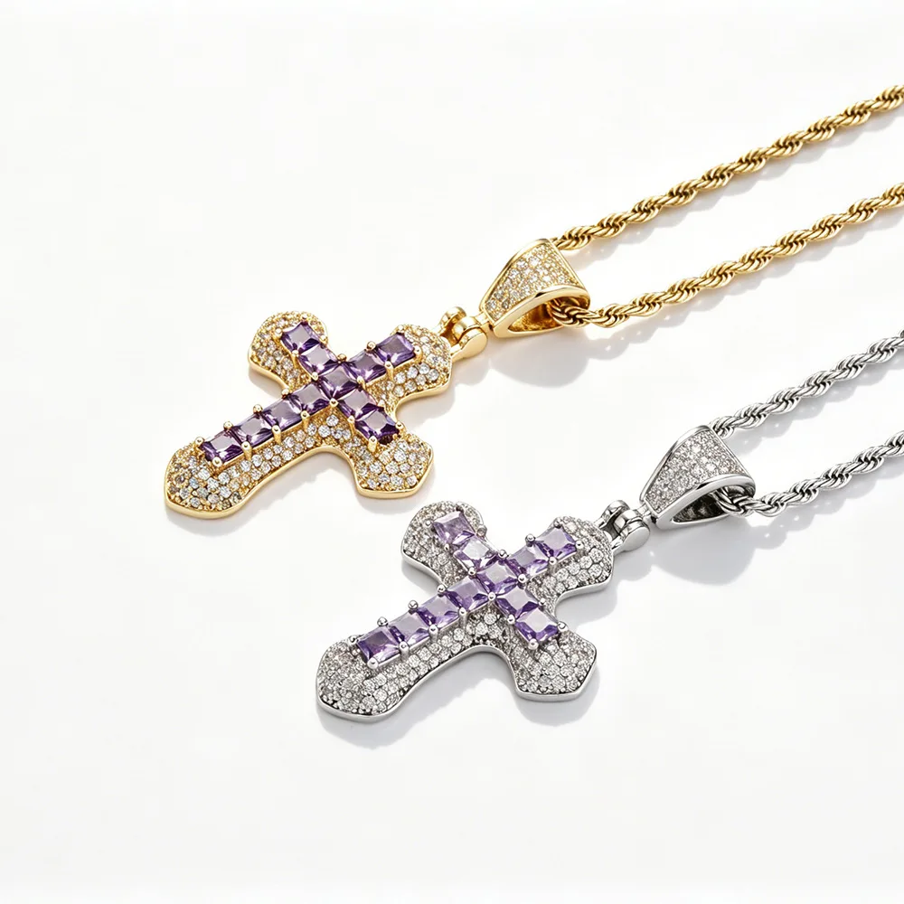 Iced Out Color Baguette Cross Pendant Necklace Gold Silver Black Plated Cubic Zircon Hip Hop Unisex Couple Fashion Jewelry