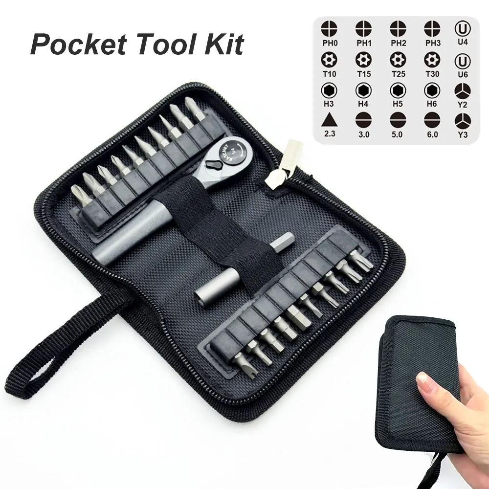 Pocket Tool Kit Ratchet Wrench Screwdriver U‑shaped Triangle Y‑type Bits Delicate Fabric Pouch for Bicycle Toy Appliance Repair