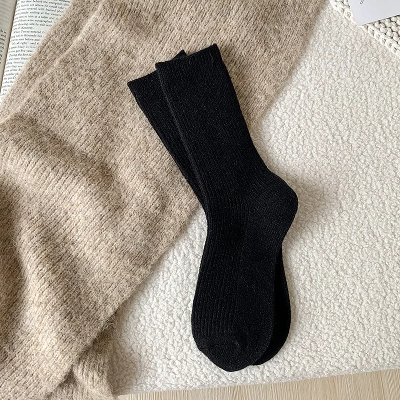 Winter Cashmere Wool Woman Socks Solid Cream Color Retro Long Socks Women Girls Thermal Crew Sock Calcetines Mujer Socks Women