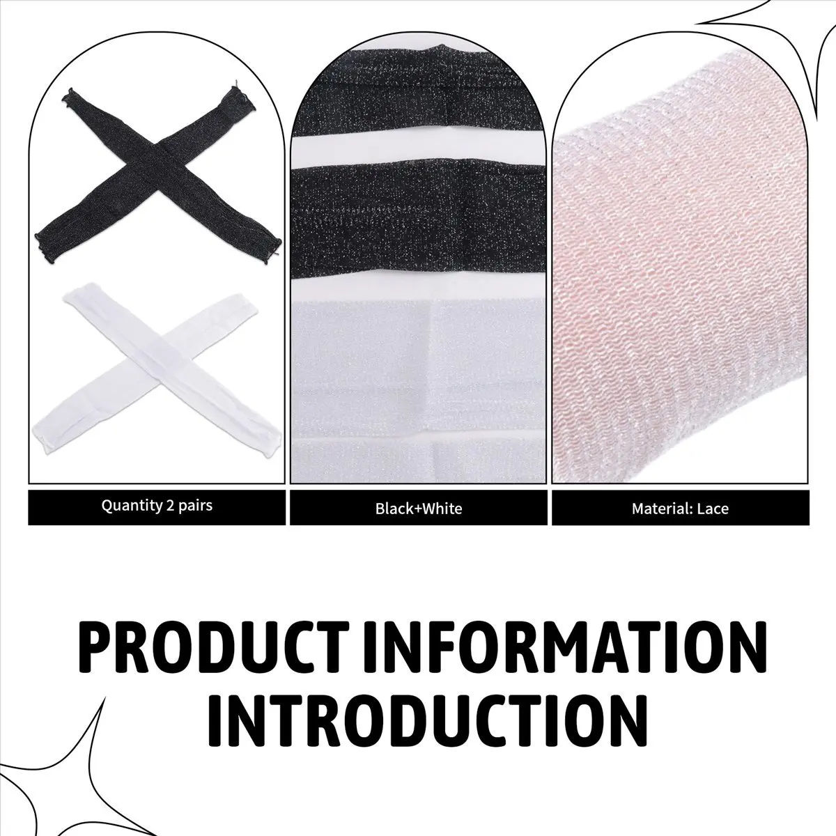 

AIMA 2 Pairs Women Long Lace Gloves Sun Arms Legs Sleeves Fingerless Tulle Sunscreen Accessory Black White