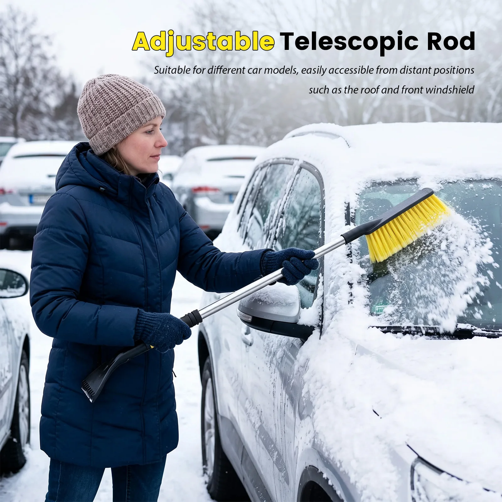 Telescoping Car Snow Brush and Ice Scraper 2 in 1 Wide Nylon Bristles EVA Grip ABS Scraper for SUV Roof and Windshield Cleaning