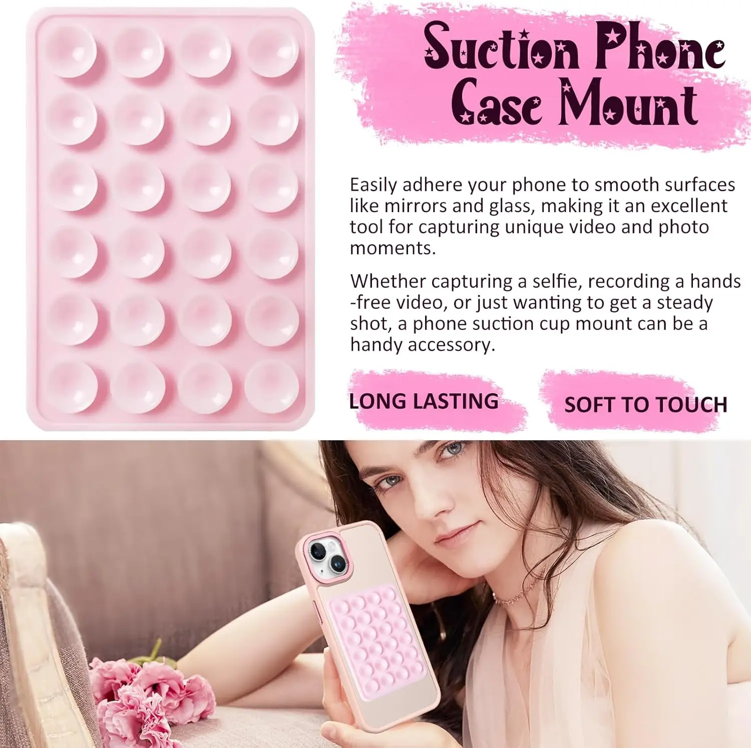 2 Pack Silicone Suction Phone Case Mount, Non Slip Sticky Phone Grip for CellPhone, Strong Grip Holder for Selfies and Videos
