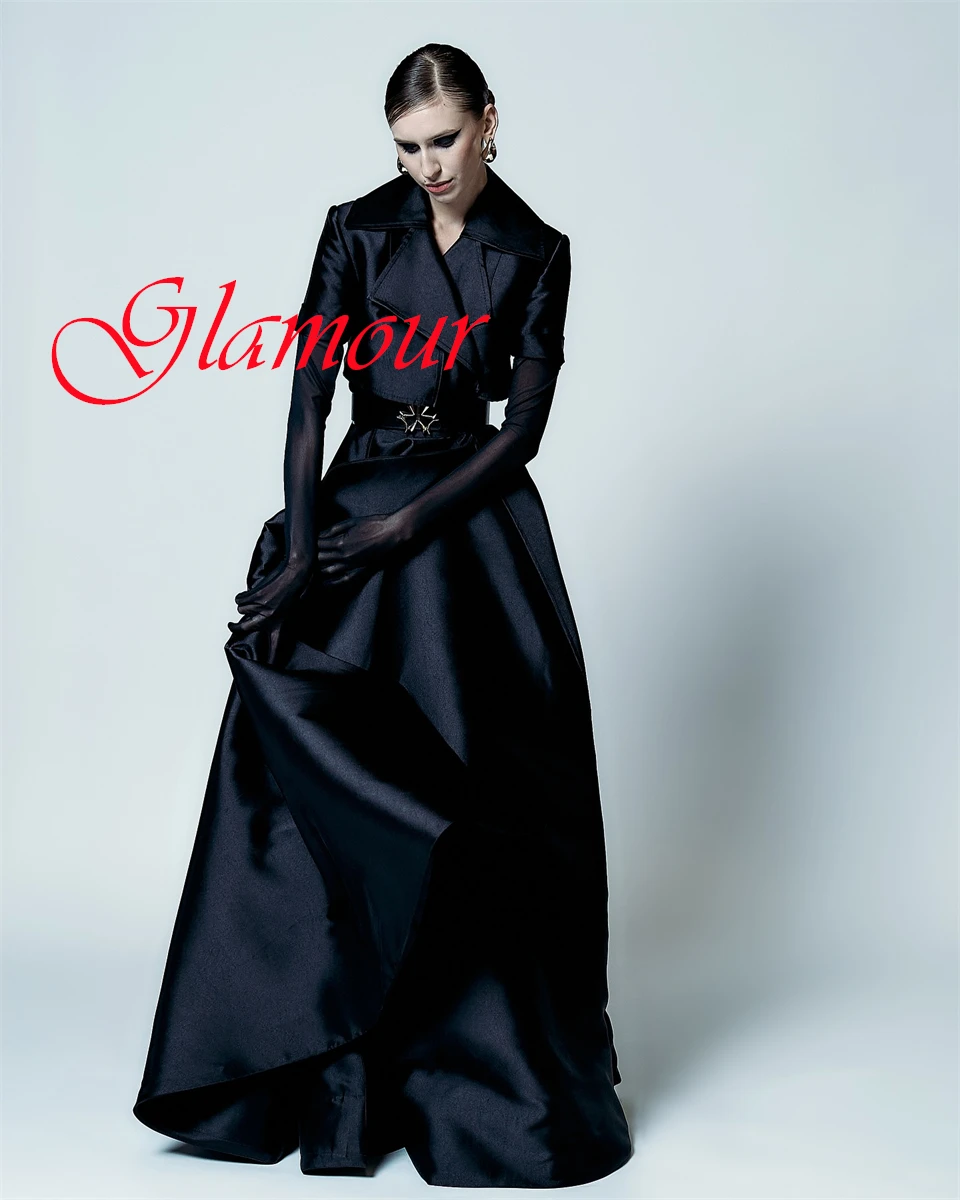 

Customized Temperament Black Satin Evening Dress Graceful V-Neck Short Sleeves Belt Side Slit Sweep Train Homecoming Dress