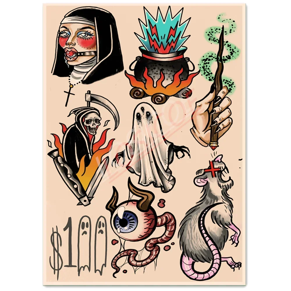 Old School  Death Tattoo Art Picture Wall Hanging Painting Vintage Kraft Posters and Prints Wall Chart Wall Decor Drawing