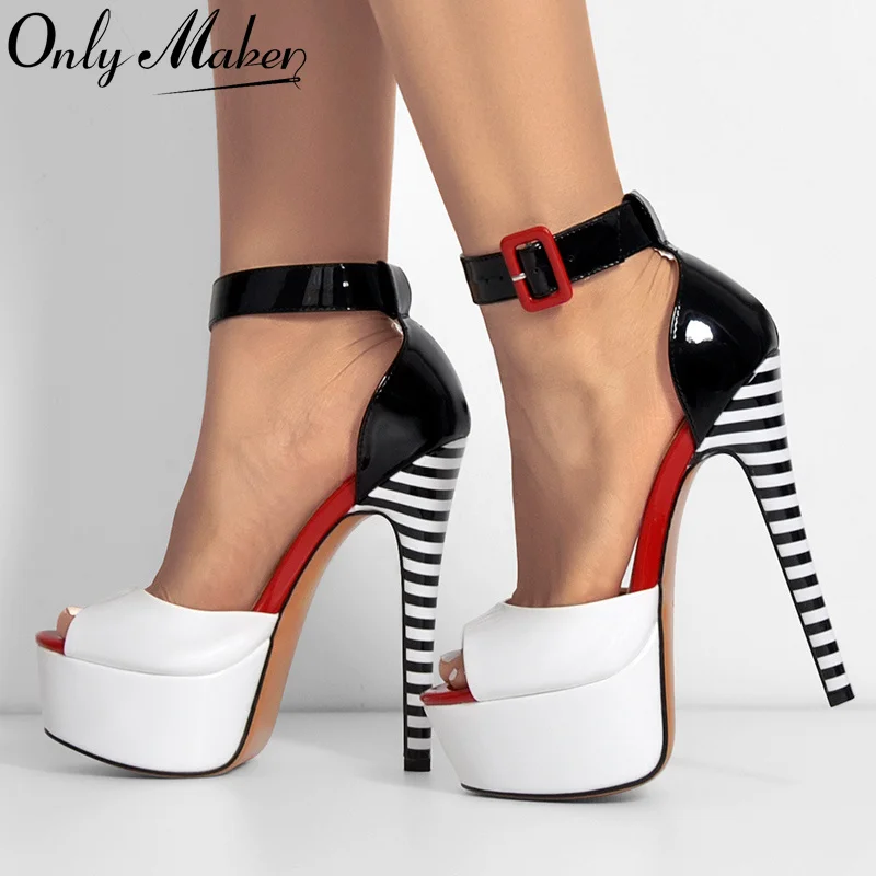 Onlymaker Women  Platform Sandals Peep Toe Thin Heels Ankle Strap Zebra Stripes Party Dress Summer Lady Shoes Big Size Sandals