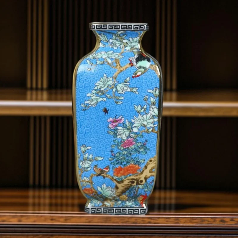 Qing Dynasty Qianlong Enamel Painting Golden Square Flower and Bird Vase Antique Porcelain Collection Vintage Decor