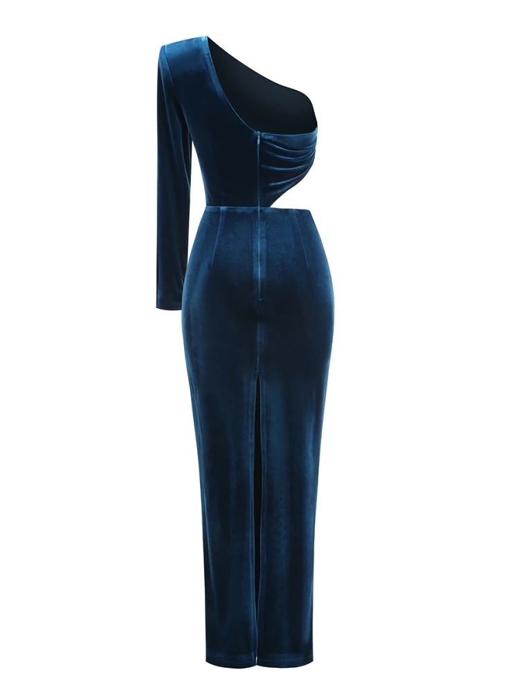 エレガントなワンショルダー長袖ベルベットマキシドレスセクシーなブルーウエストカットアウトシャーリングスプリットボディコンドレスイブニングクラブパーティードレス