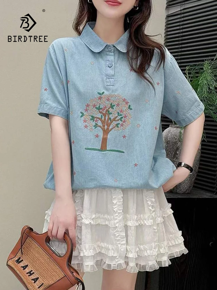 

New 2025 Summer Short Sleeve Denim Shirt, Women Turn-down Collar Embroidery, Mori Girl Vintage OL Commute Loose Blouse T56252CC
