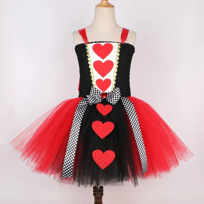 Queen of Hearts Costume Girl Carnival Party Tutu Dress Up Wonderland Red Queen Cosplay Halloween Costume for Kids Fancy Clothes