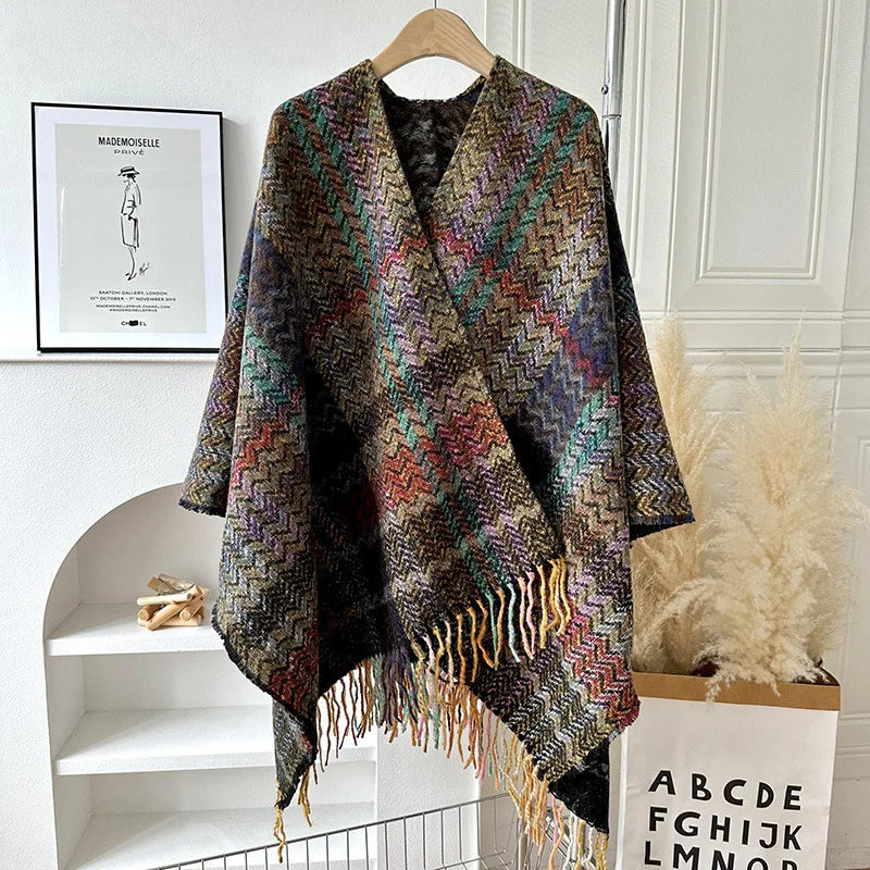 Poncho Knitted Cloak Ethnic Style Capes Tassel Cardigan Sweater Loose Oversized Shawl Wraps Vintage Striped Women Travel Coat