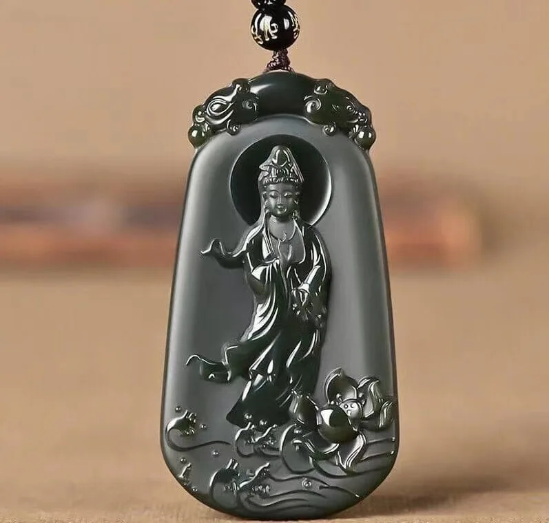 

Natural100%real Cyan ink color hetian jade carve Guanyin Lotus flower pendant necklace jewellery for men women gifts Bless peace