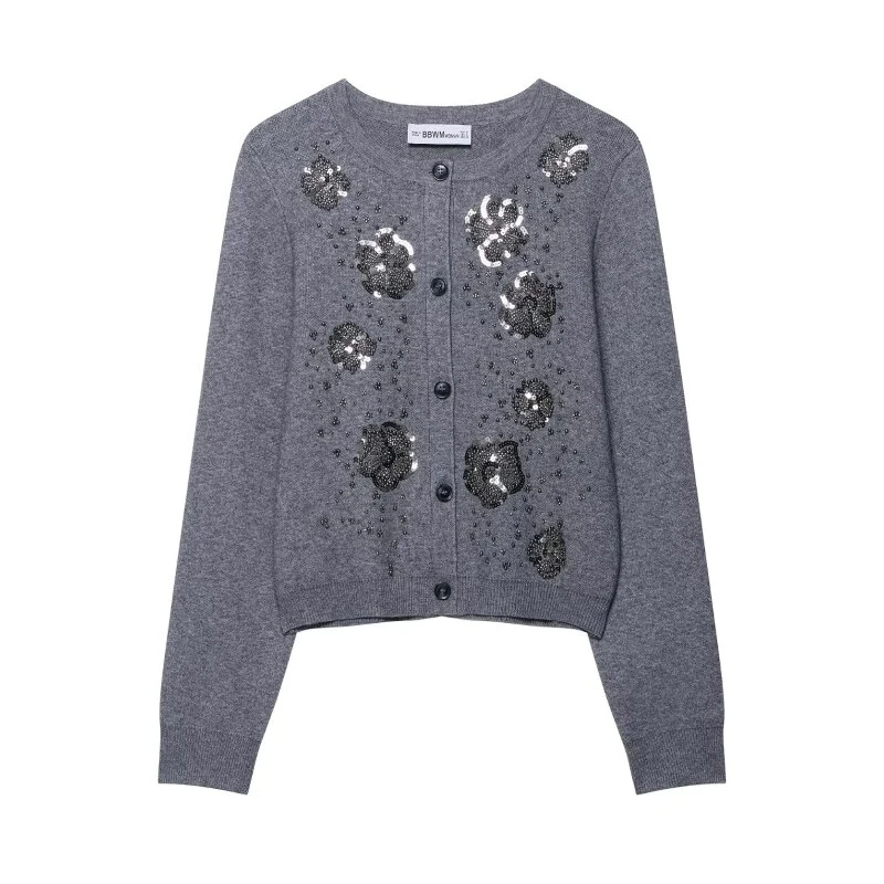 

Solid Color String of Beads Knitted Sweater Fashion Button Long Sleeves Cardigan O-Neck Winter Streetwear Office Lady Tops