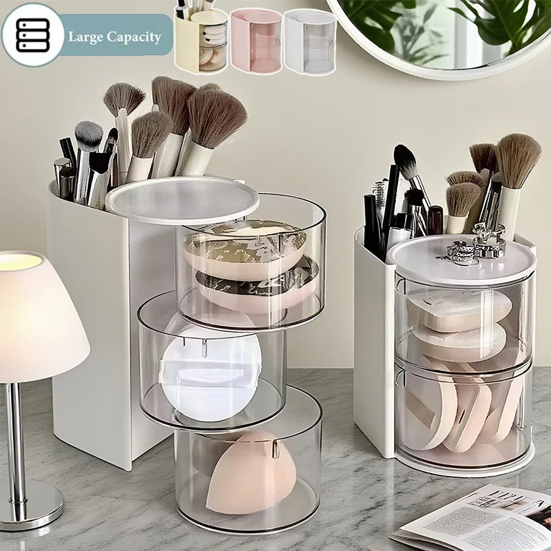 

2/3-Layer Transparent Rotating Makeup Sponge Storage Box Dustproof Desktop Storage Rack for Cotton Pad Brush Eyebrow Pencil 수납함