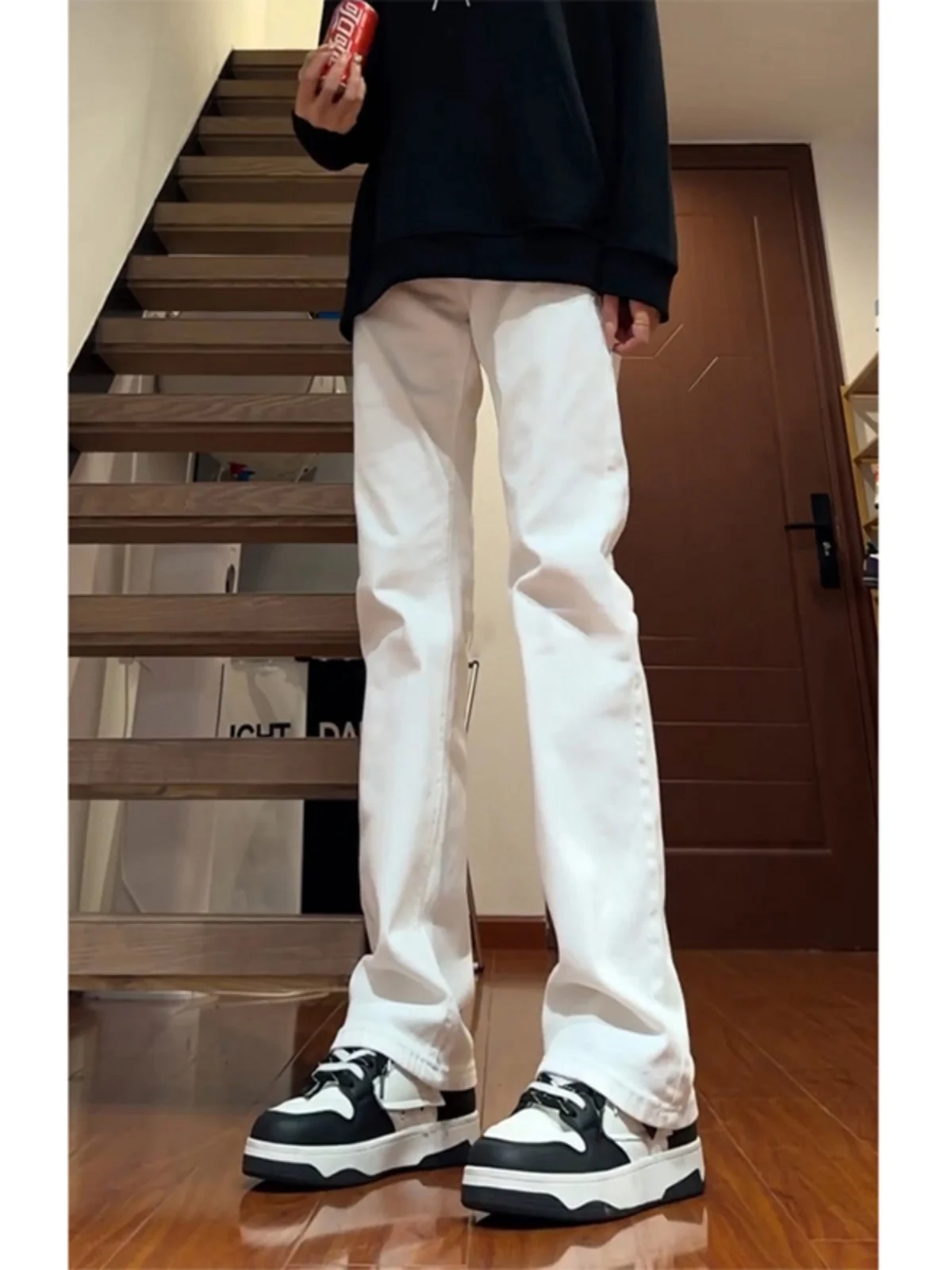 

High Waist Straight Leg White Denim Jeans Men's Spring Autumn Slim Fit American High Street Sle Jeans Bell Bot