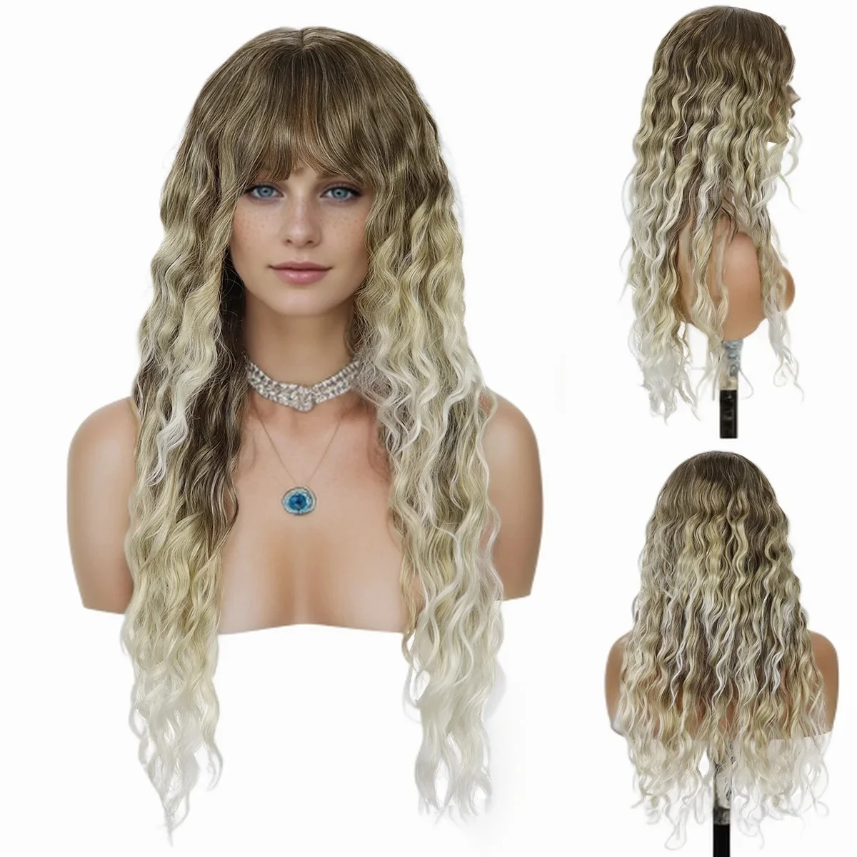 Synthetic Long Curly Wig Female Ombre Blond Wig with Bangs Natural Hairstyles Fake Scalp Hair Replacement Ash Blonde Wigs Wave