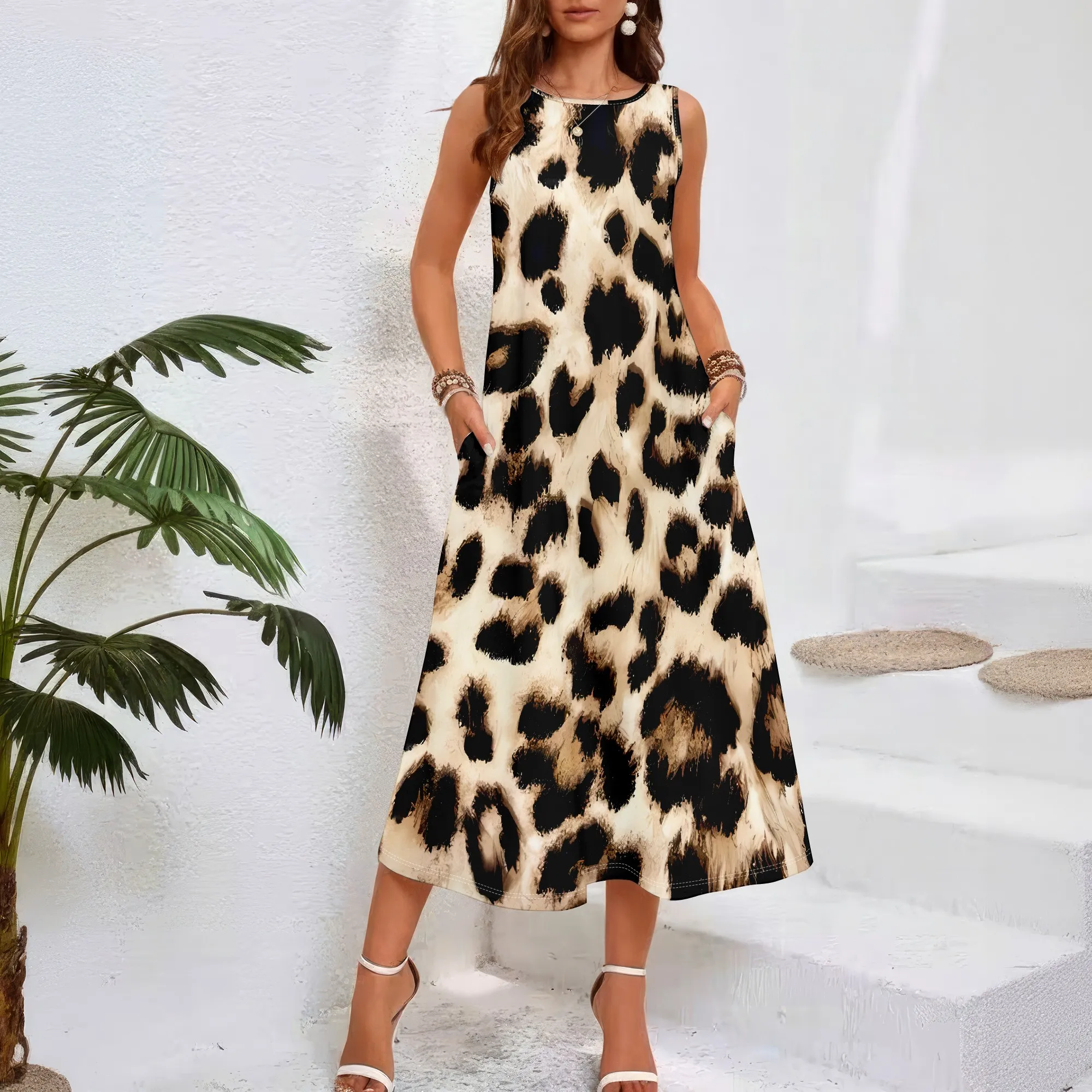 

Women casual loose round neck summer 3D geometric print black style sleeveless large swing dress (pocket)